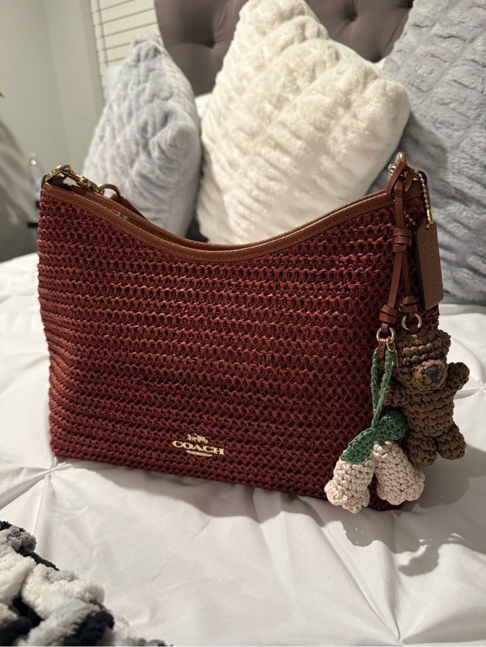 Coach Straw Shoulder Bag in Rust with Gold Hardware